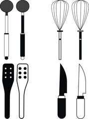 Isolated vector illustration of a professional set of kitchen utensils and steel knives featuring metal tools, forks, and black silhouettes as objects for food equipment on a white background