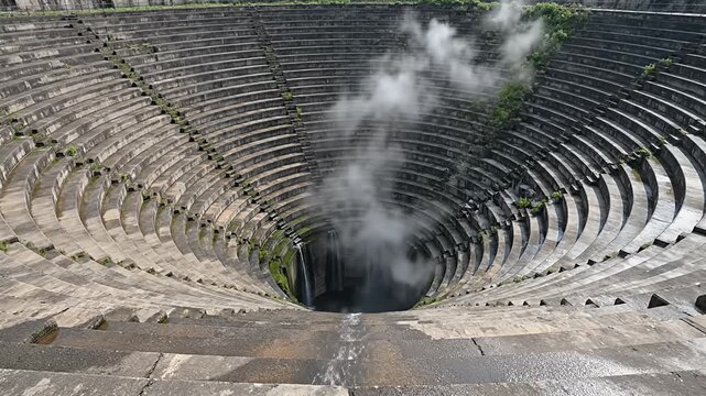 Ancient amphitheater with smoke rising from the center, historical site.