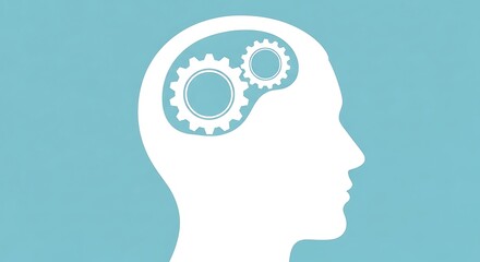 White silhouette head with blue gears inside on light blue background brain thinking