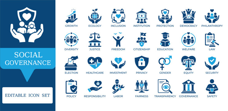 Social Governance and ESG Icons. Featuring diversity, healthcare, justice, and community symbols. Editable vector for corporate social responsibility and legal apps