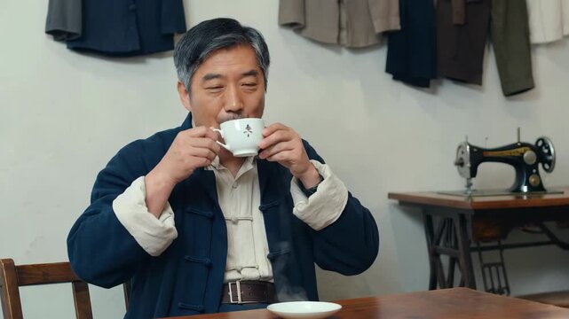 Middle-aged and elderly men hold hot drinks indoors and contemplate the afternoon of an old tailor