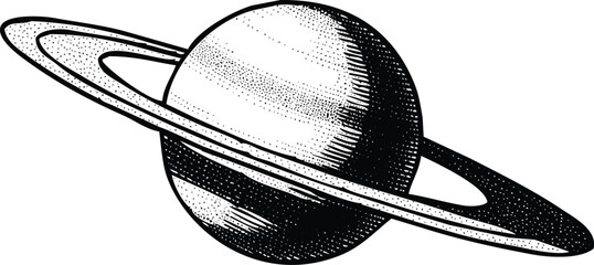 A detailed black and white illustration of the planet saturn with its rings Vector