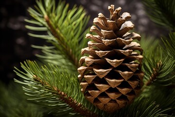 Fototapeta premium Pine cone hanging on evergreen branch, showcasing the intricate details of nature's artistry