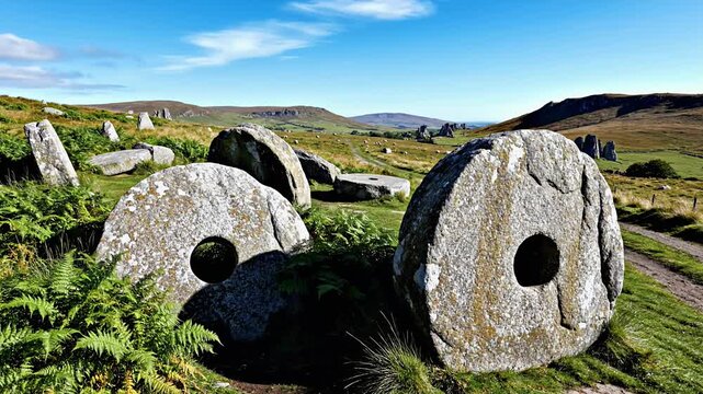Ancient stone circle in a scenic landscape under a bright blue sky.
