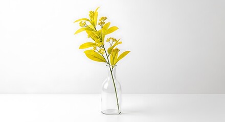 Yellow flowers in a clear glass vase on a white surface leaves