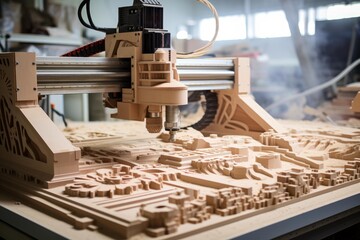 Automated cnc wood router carving a complex 3d model from wood, showcasing precision and technology in modern woodworking
