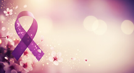 International Women's Day background with ribbon, spring cherry blossoms and bokeh lights for greeting card.