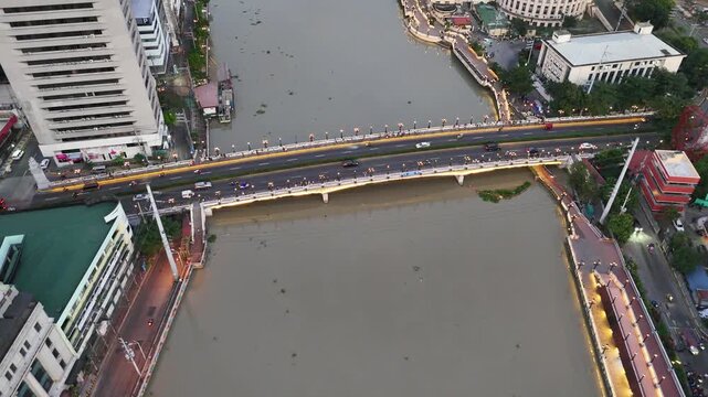 Aerial Drone View of Jones Bridge over Pasig River at Manila Philippines in 4k