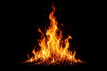 Fototapeta premium A mesmerizing flame dance rises against a dark background, showcasing vibrant orange and yellow hues with sparks flying, creating an intense and dynamic visual.