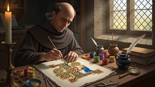 Dedicated medieval monk meticulously illuminating an ancient manuscript with intricate details, working diligently in a quiet scriptorium by candlelight.