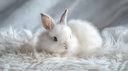 Naklejka premium Adorable fluffy white baby rabbit sitting on a soft fur rug. Cute bunny portrait on white background. 