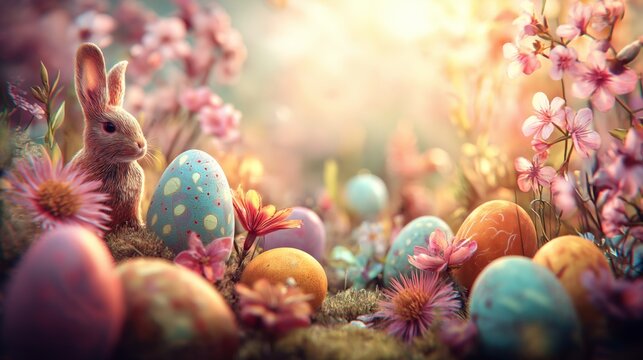 Little bunnies finding colorful Easter eggs in spring garden. Cute bunnies celebrating Easter surrounded by decorated eggs and blooming cherry blossoms