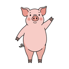 Obraz premium Cute Cartoon Pig Waving Standing Upright Fun Animal Mascot