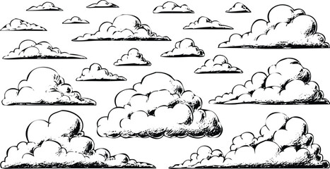 A serene sky filled with a variety of fluffy, white clouds floating above the horizon. Vector