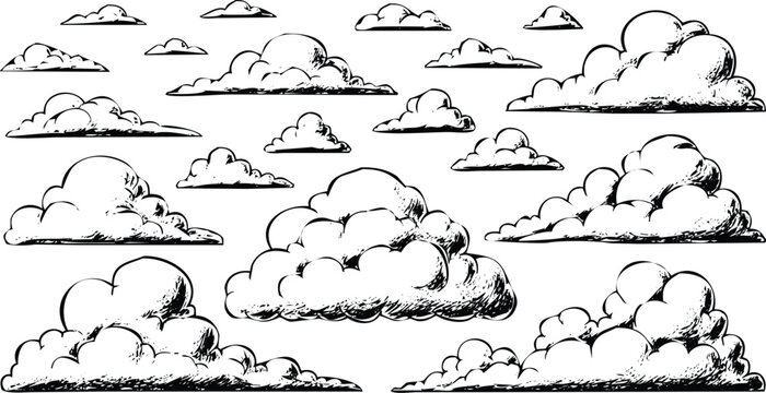 A serene sky filled with a variety of fluffy, white clouds floating above the horizon. Vector