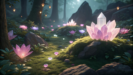 Magical Forest Ecosystem with Glowing Crystals and Flowers, Enchanted Nature Scene