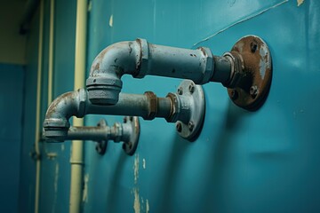 Close up of rusty industrial pipes emerging from a weathered blue wall, suggesting decay and abandonment
