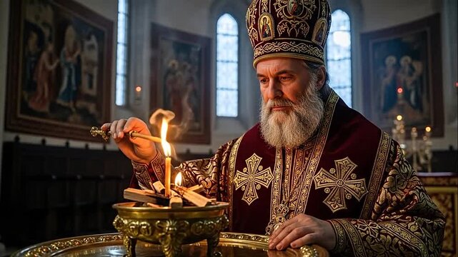 Orthodox priest in traditional vestments lighting incense with a candle in a solemn church