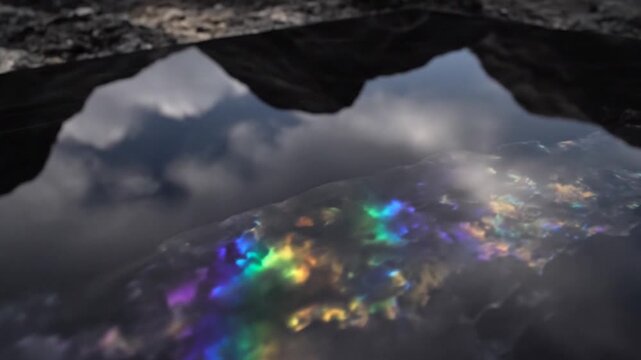 Rainbow Reflection in Water Under Cloudy Sky