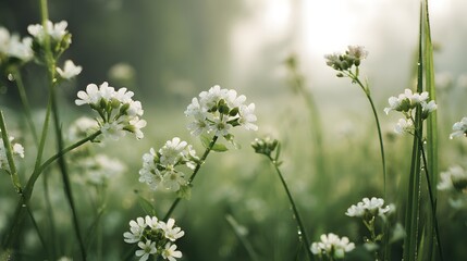 Fototapeta premium Soft Focus Meadow with Delicate White Wildflowers in Morning Light.