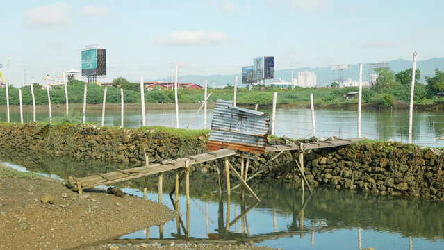 Gated farm fishpond milkfish Chanos chanos private filled stones controlled fish pond and coastal area land meets the sea farming body of waters river near ocean, temporary hanging bridge made from