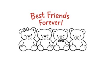 Fototapeta premium Four cartoon teddy bears are lined up next to each other. They have different accessories like a bow and a bowtie. There is a sign above them that says Best Friends Forever