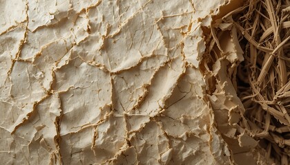Macro Texture of Dry Cracked Clay or Handcrafted Paper with Natural Fibers; Abstract Background Representing Drought, Earth, Erosion, Ancient Parchment, and Organic Material Surfaces