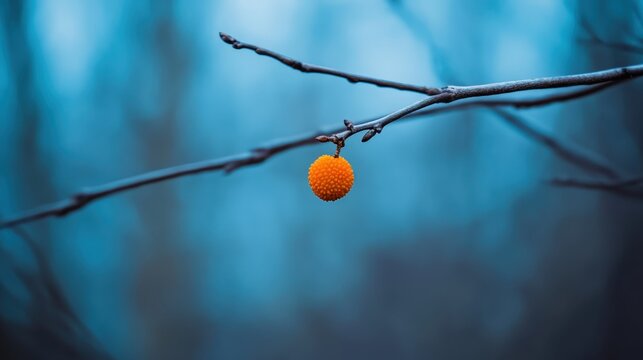 A single round orange fruit hanging from a bare tree branch in a cold outdoor setting with a blurred blue background