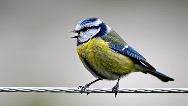 Beautiful Blue Tit Perched on a Wire, Natures Colorful Delight.