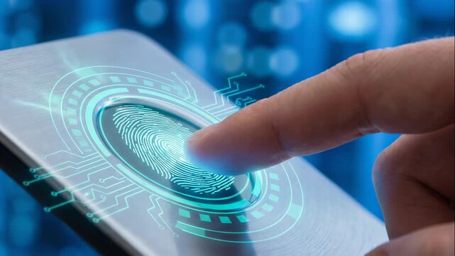 Fingerprint authentication on smartphone screen with glowing biometric interface demonstrating secure mobile identity verification animation.