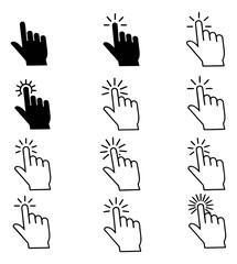 Fototapeta premium Modern hand pointer icon set featuring solid and line art styles depicting click and tap actions for user interface design