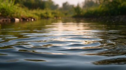 Fototapeta premium Gentle ripples on a calm river surface with soft sunlight reflecting and blurred green banks