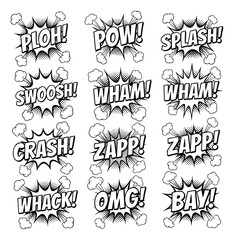 Pop art style exclamations set featuring speech bubbles with onomatopoeia for retro-themed graphics