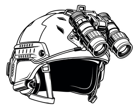 Line art illustration of a tactical helmet depicting night vision goggles for military and security operations