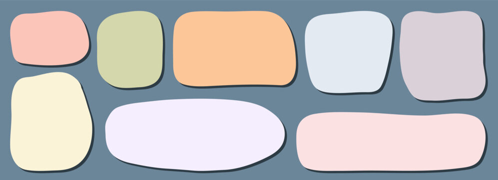 Organic flat blobs. Color wavy organic rectangle with flat shadow. Shape hand text with box drawn rectangle and square banner irregular.  Amoeba textbox shape with wavy silhouette box.
