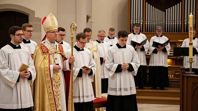 A reverent bishop in golden vestments leading priests and altar servers during a traditional church ceremony, with an organ in the background, conveying spiritual solemnity.