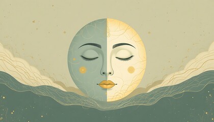 Celestial Sun and Moon Face Personification with Closed Eyes in Starry Night and Cloudy Day Sky Dualism Concept Art Symbolizing Balance Harmony and Spiritual Zen Meditation Illustration