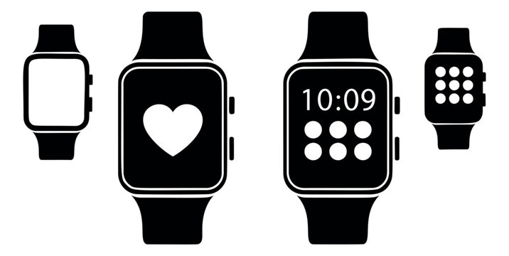 Minimalist smartwatch icon set featuring blank screen, heart rate, time, and app displays for modern wearable technology