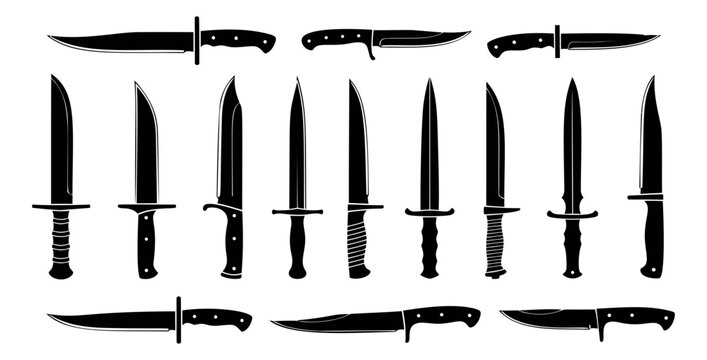 Black silhouette knife set featuring diverse combat and hunting designs for survival, hunting, and outdoor activities