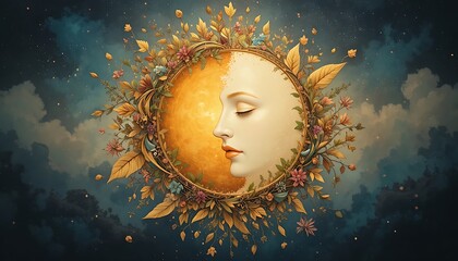 Celestial Moon Goddess with Serene Female Face and Closed Eyes Framed by Golden Autumn Leaves and Flowers in Starry Night Sky Illustration for Spiritual Zen Meditation and Astrology Concept