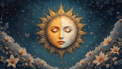 Celestial Moon Goddess with Serene Female Face and Closed Eyes Framed by Golden Autumn Leaves and Flowers in Starry Night Sky Illustration for Spiritual Zen Meditation and Astrology Concept