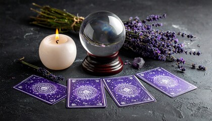 Mystical Still Life Crystal Ball Tarot Cards Lavender and Candle on Dark Surface for Divination and Spiritual Practice.