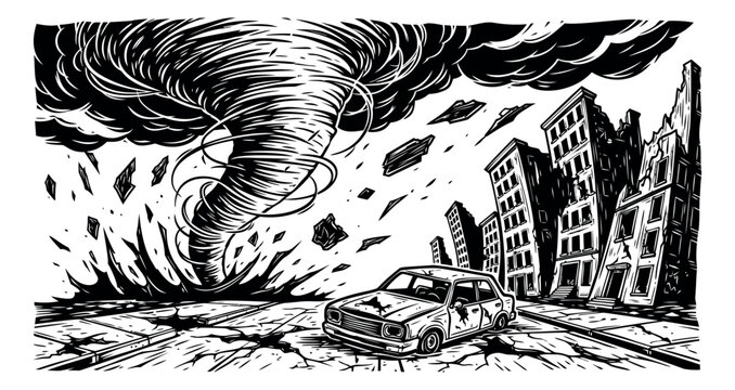 Hand drawn line art illustration of a city being hit by a tornado depicting widespread destruction for natural disaster concepts