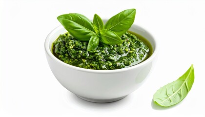 Bowl of Fresh Green Pesto with Basil Leaves on White Background A Culinary Delight for Healthy Eating and Mediterranean Cuisine.
