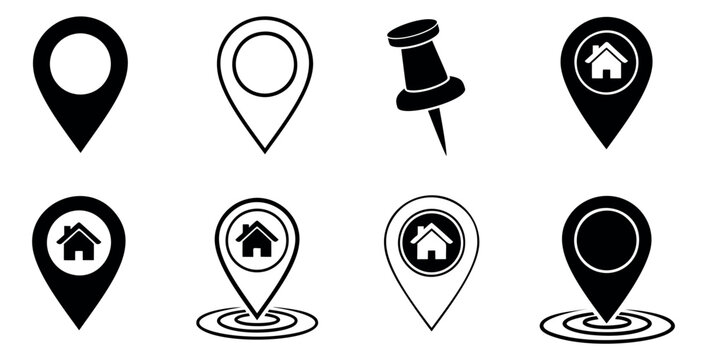 Modern location and home marker icons set featuring various map pins, house pointers, and a pushpin for digital mapping and real estate