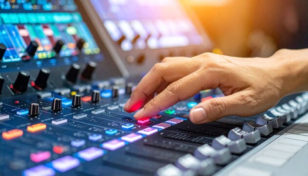 Audio Engineer at Work Adjusting Professional Sound Mixer in a Studio Setting for High Quality Audio Production.