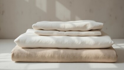 Stack of Soft Neutral Beige and White Folded Linen Bedding and Cotton Textiles on White Surface with Natural Sunlight and Aesthetic Shadows for Home Decor Organizing and Eco Friendly Lifestyle