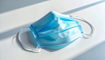 Blue medical mask against white surface health and hygiene related personal protection equipment still life.