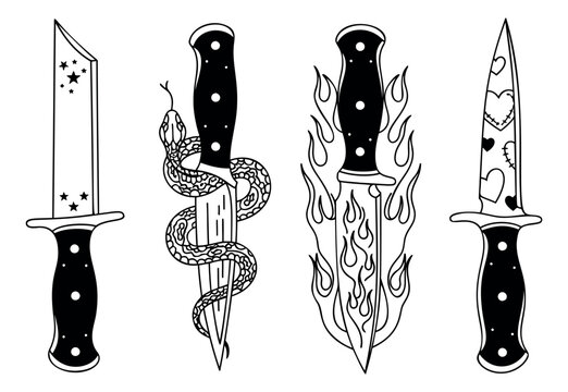 Hand drawn traditional tattoo style knife and dagger set featuring stars, a snake, flames, and hearts for edgy design and apparel