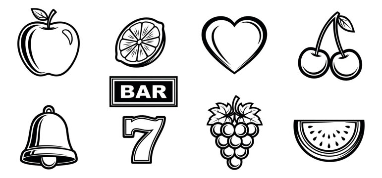 Line art slot machine symbols set featuring fruits, a bell, a heart, the number seven, and the bar sign for gambling game design